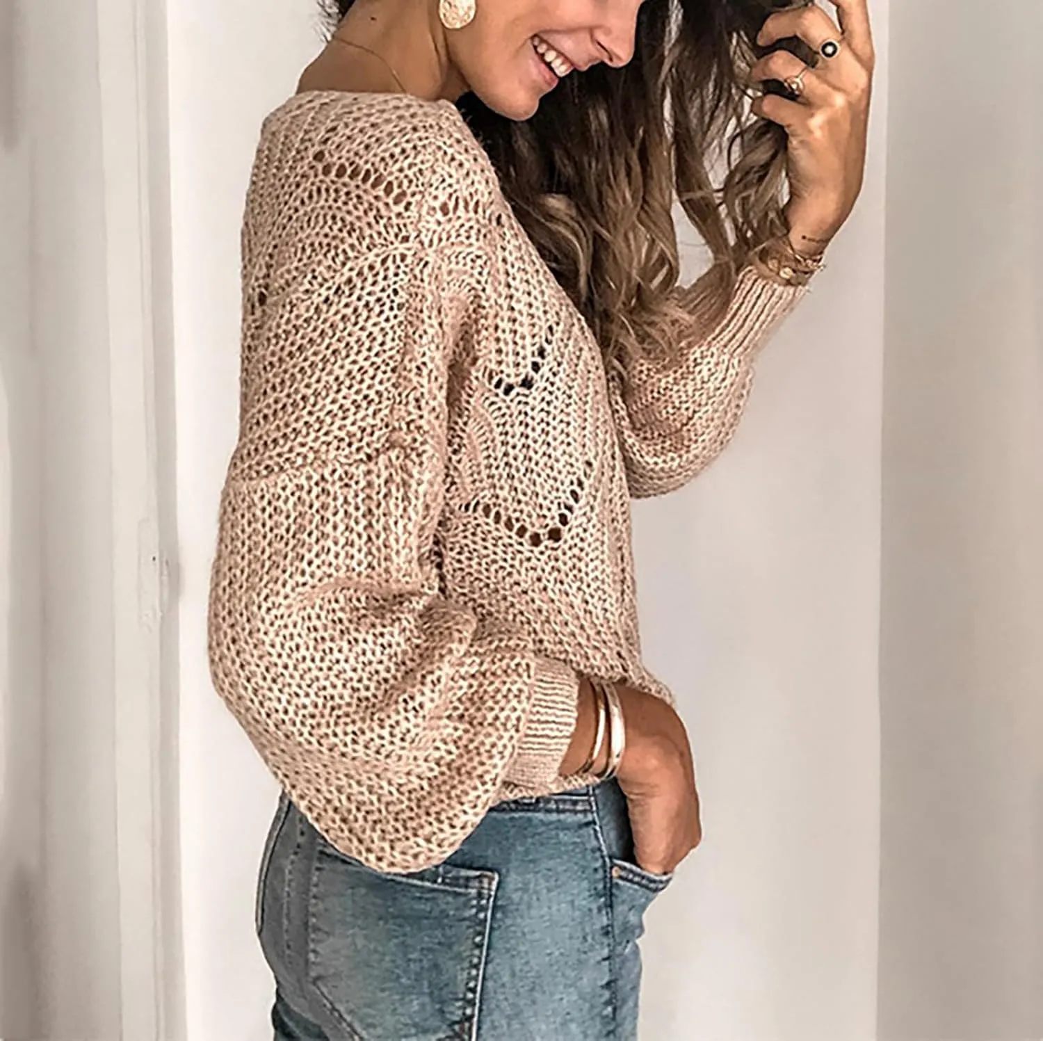 Sweaters for Women Fall Winter Striped Crewneck Knit Long Sleeve Casual Loose Hollow Out Vintage Pullover Top 2024