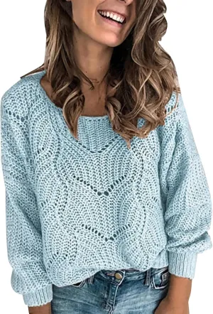 Sweaters for Women Fall Winter Striped Crewneck Knit Long Sleeve Casual Loose Hollow Out Vintage Pullover Top 2024