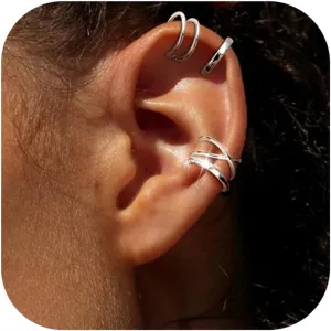 Thunaraz 925 Sterling Silver Ear Cuffs for Women No Piercing Minimalist Helix Cartilage Ear Clip Criss Cross Double Lines Fake Cartilage Piercing 4 Styles