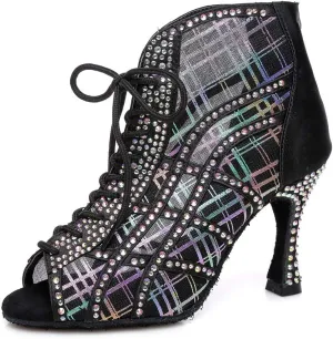 TINRYMX Women Mesh Latin Dance Shoes Rhinestones Ballroom Party Dance Boots Performance with High Heel, YC-L434