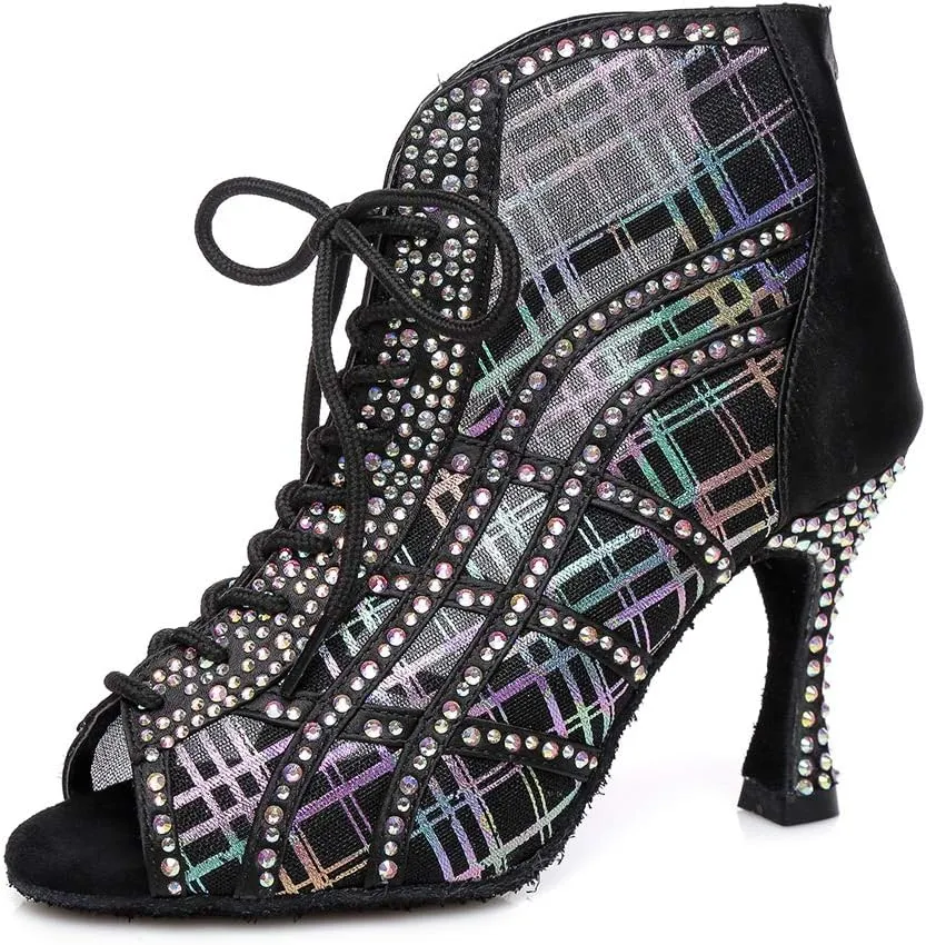 TINRYMX Women Mesh Latin Dance Shoes Rhinestones Ballroom Party Dance Boots Performance with High Heel, YC-L434