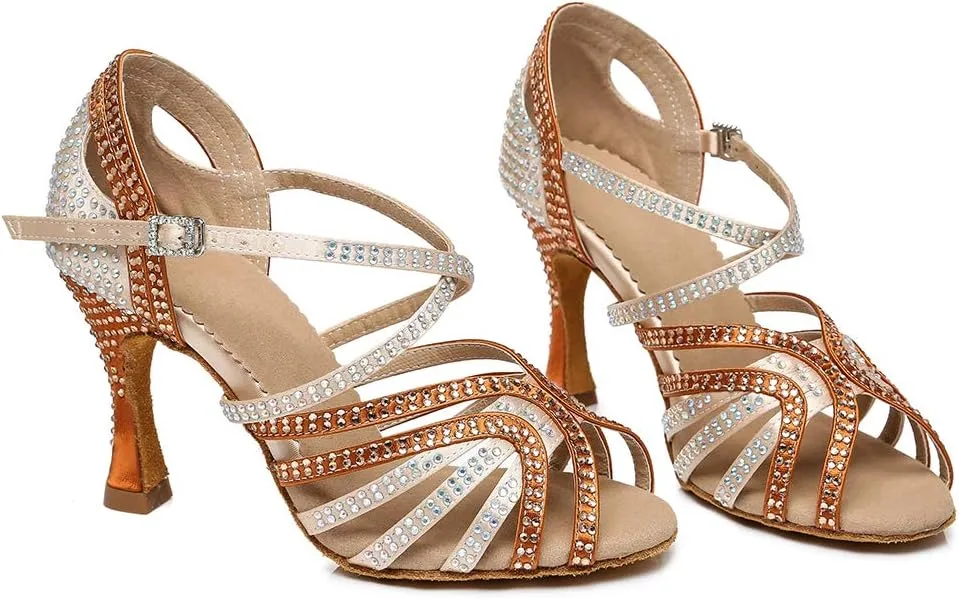 TINRYMX Women's Satin Heels Latin with Rhinestone Dance Shoes Peep Toe Salsa Bachata Chacha Performance Ballroom Dancing Heels, YCL450