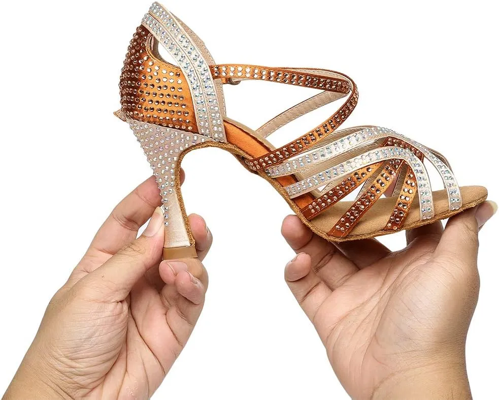 TINRYMX Women's Satin Heels Latin with Rhinestone Dance Shoes Peep Toe Salsa Bachata Chacha Performance Ballroom Dancing Heels, YCL450