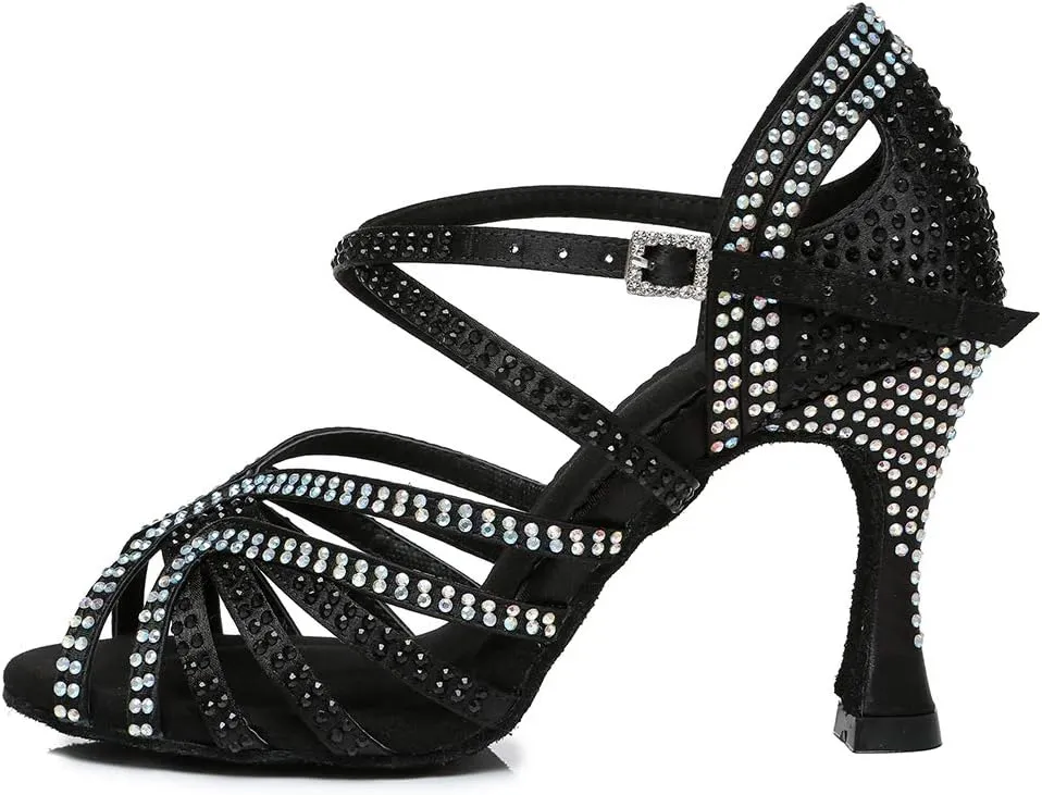 TINRYMX Women's Satin Heels Latin with Rhinestone Dance Shoes Peep Toe Salsa Bachata Chacha Performance Ballroom Dancing Heels, YCL450