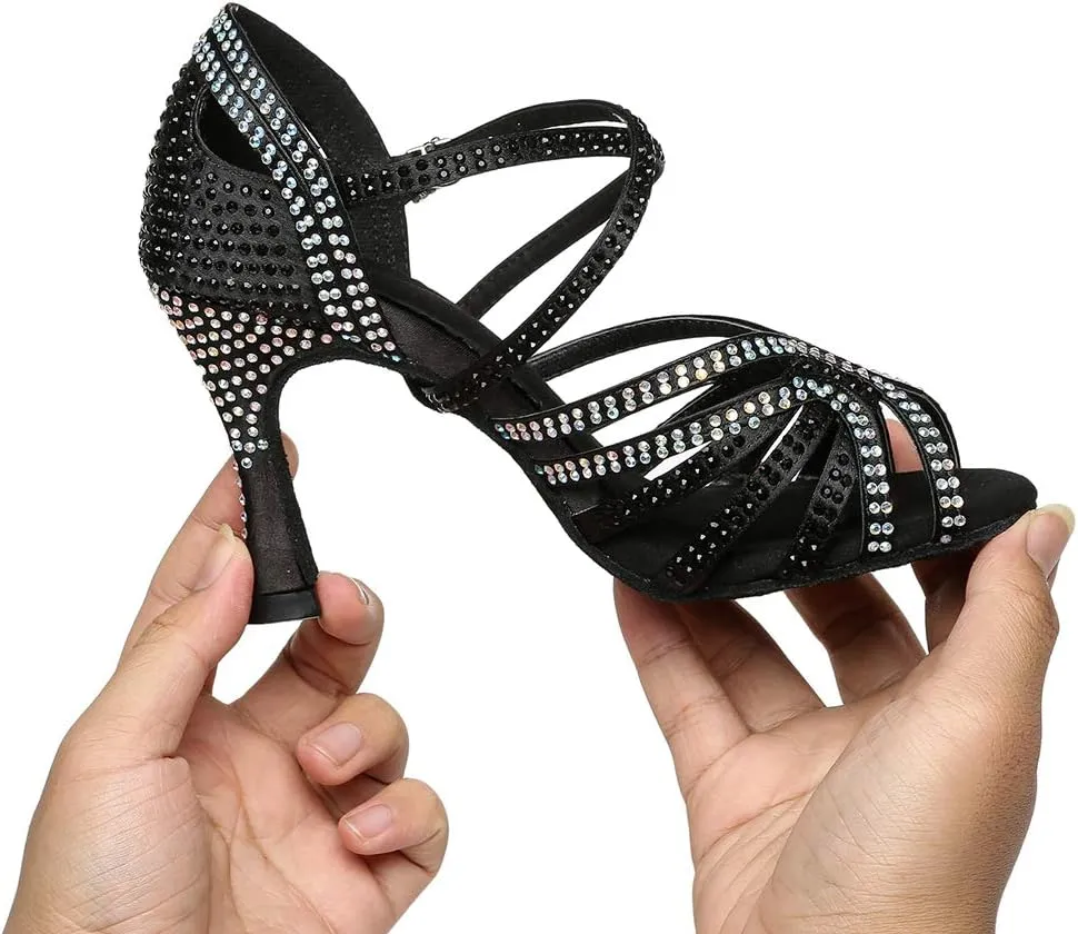TINRYMX Women's Satin Heels Latin with Rhinestone Dance Shoes Peep Toe Salsa Bachata Chacha Performance Ballroom Dancing Heels, YCL450