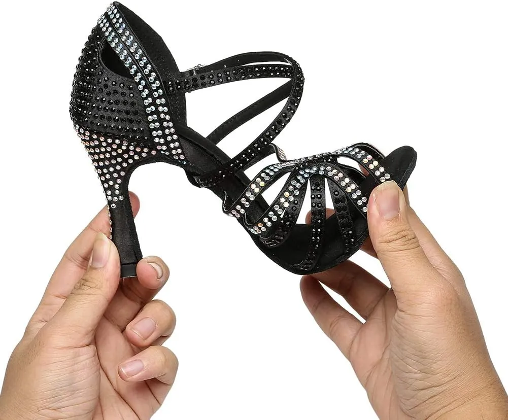 TINRYMX Women's Satin Heels Latin with Rhinestone Dance Shoes Peep Toe Salsa Bachata Chacha Performance Ballroom Dancing Heels, YCL450