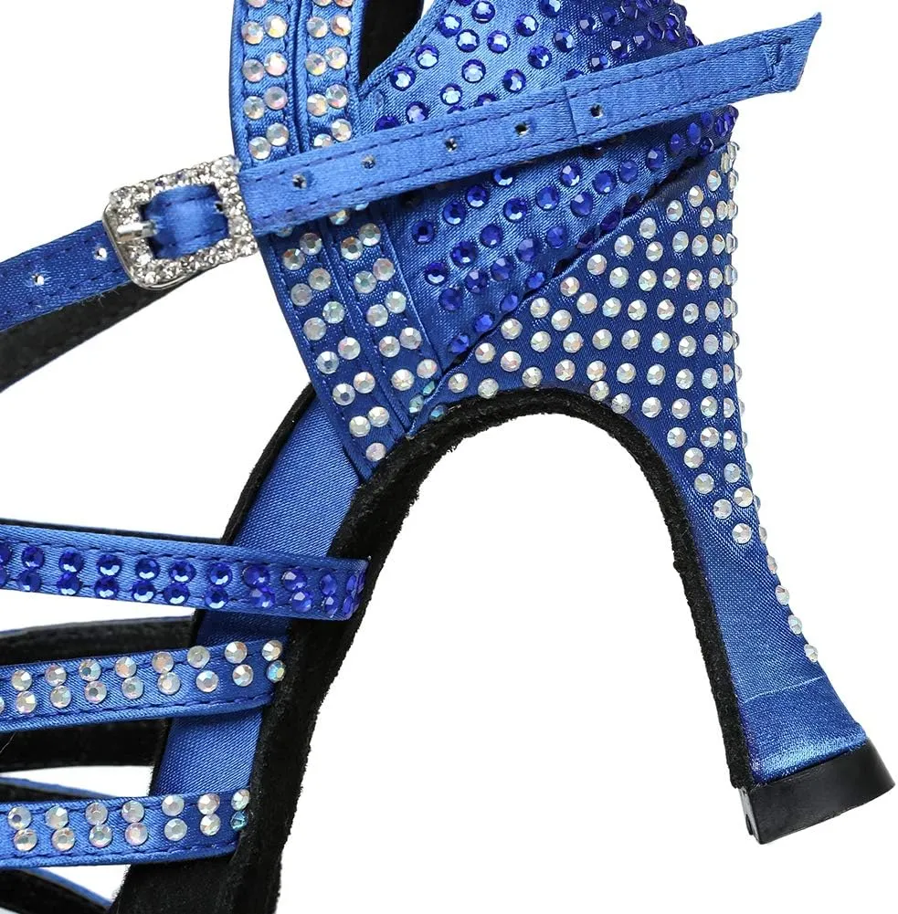 TINRYMX Women's Satin Heels Latin with Rhinestone Dance Shoes Peep Toe Salsa Bachata Chacha Performance Ballroom Dancing Heels, YCL450