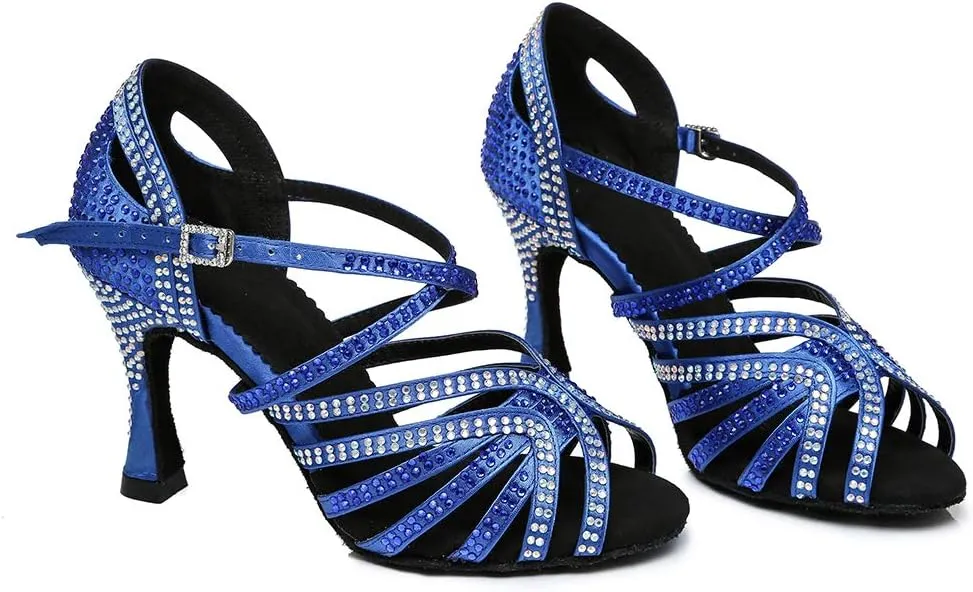 TINRYMX Women's Satin Heels Latin with Rhinestone Dance Shoes Peep Toe Salsa Bachata Chacha Performance Ballroom Dancing Heels, YCL450