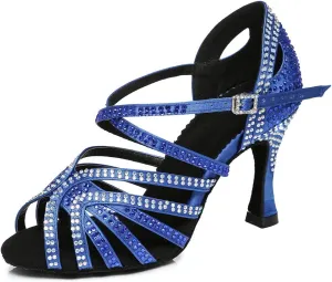 TINRYMX Women's Satin Heels Latin with Rhinestone Dance Shoes Peep Toe Salsa Bachata Chacha Performance Ballroom Dancing Heels, YCL450