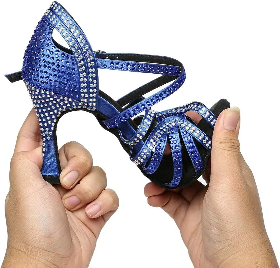 TINRYMX Women's Satin Heels Latin with Rhinestone Dance Shoes Peep Toe Salsa Bachata Chacha Performance Ballroom Dancing Heels, YCL450