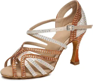 TINRYMX Women's Satin Heels Latin with Rhinestone Dance Shoes Peep Toe Salsa Bachata Chacha Performance Ballroom Dancing Heels, YCL450