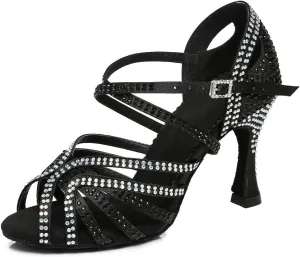TINRYMX Women's Satin Heels Latin with Rhinestone Dance Shoes Peep Toe Salsa Bachata Chacha Performance Ballroom Dancing Heels, YCL450