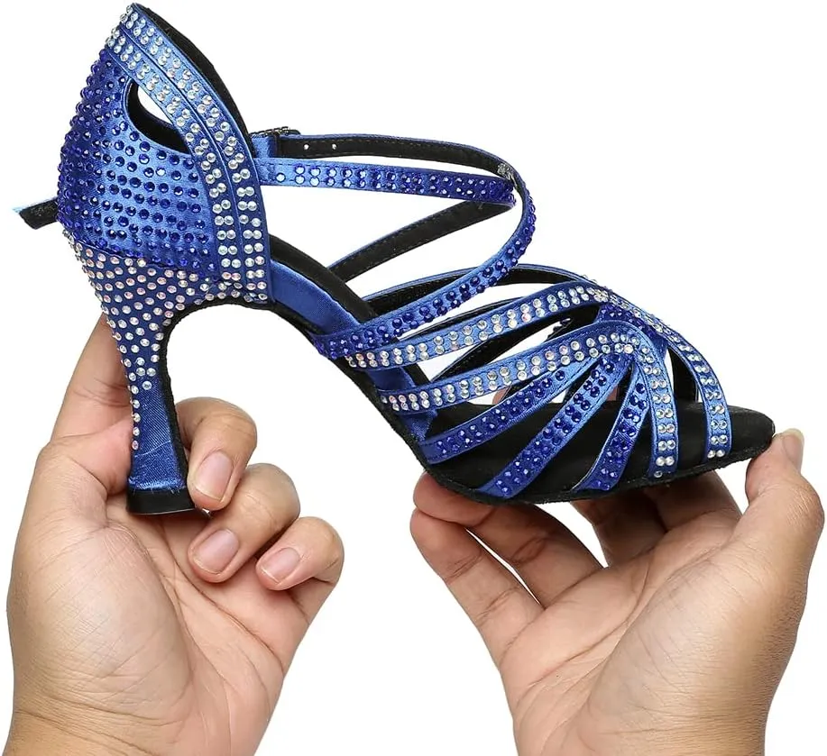 TINRYMX Women's Satin Heels Latin with Rhinestone Dance Shoes Peep Toe Salsa Bachata Chacha Performance Ballroom Dancing Heels, YCL450