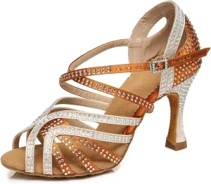 TINRYMX Women's Satin Heels Latin with Rhinestone Dance Shoes Peep Toe Salsa Bachata Chacha Performance Ballroom Dancing Heels, YCL450