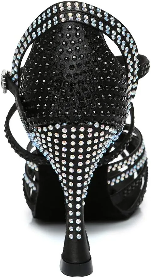 TINRYMX Women's Satin Heels Latin with Rhinestone Dance Shoes Peep Toe Salsa Bachata Chacha Performance Ballroom Dancing Heels, YCL450