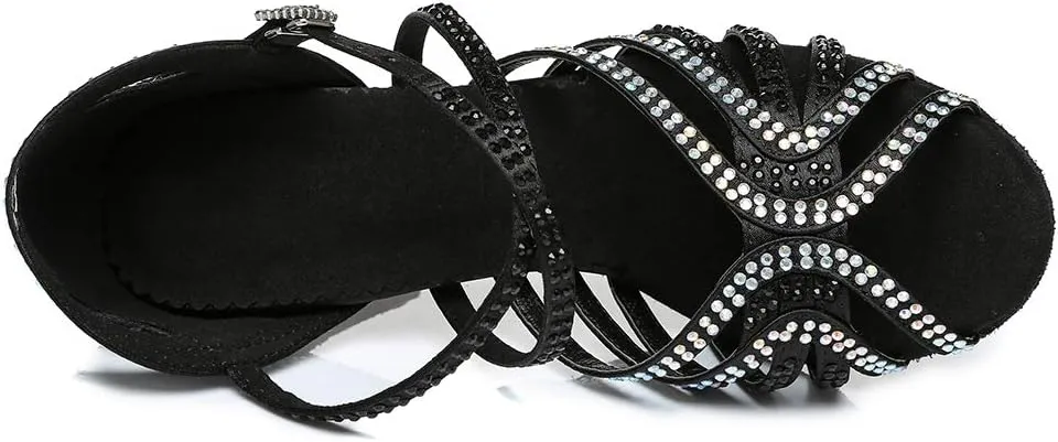 TINRYMX Women's Satin Heels Latin with Rhinestone Dance Shoes Peep Toe Salsa Bachata Chacha Performance Ballroom Dancing Heels, YCL450