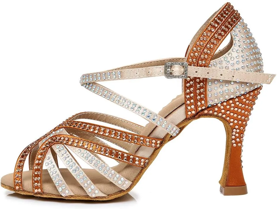 TINRYMX Women's Satin Heels Latin with Rhinestone Dance Shoes Peep Toe Salsa Bachata Chacha Performance Ballroom Dancing Heels, YCL450