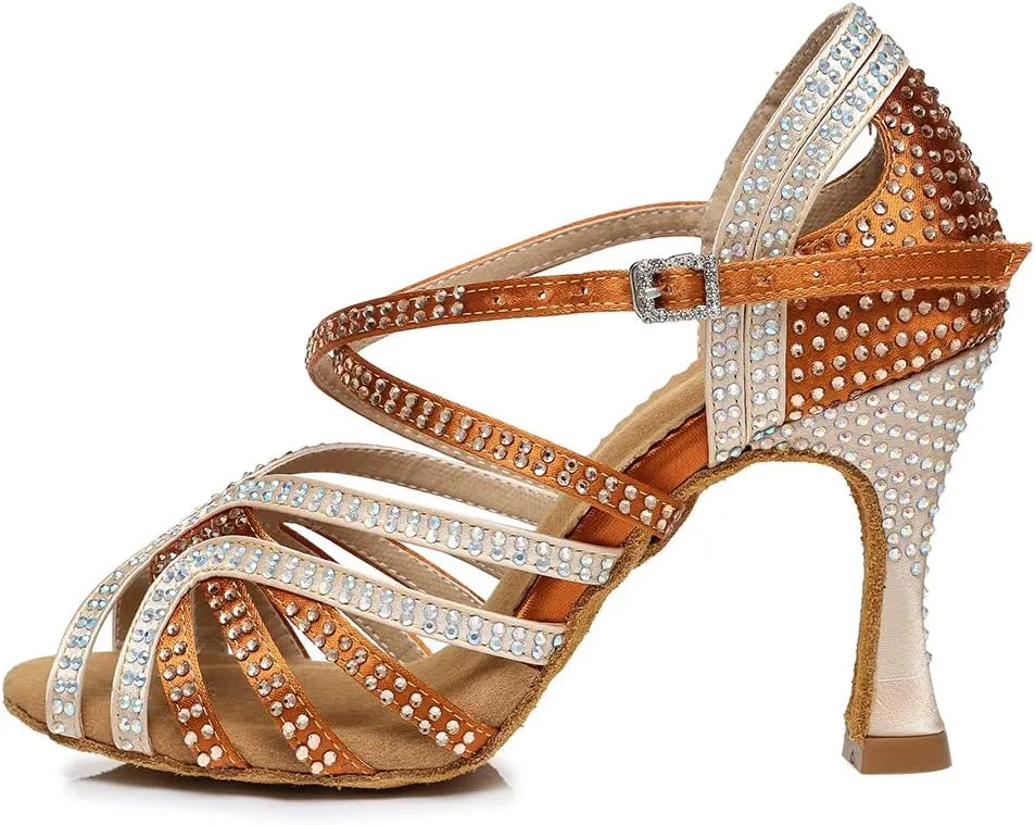 TINRYMX Women's Satin Heels Latin with Rhinestone Dance Shoes Peep Toe Salsa Bachata Chacha Performance Ballroom Dancing Heels, YCL450