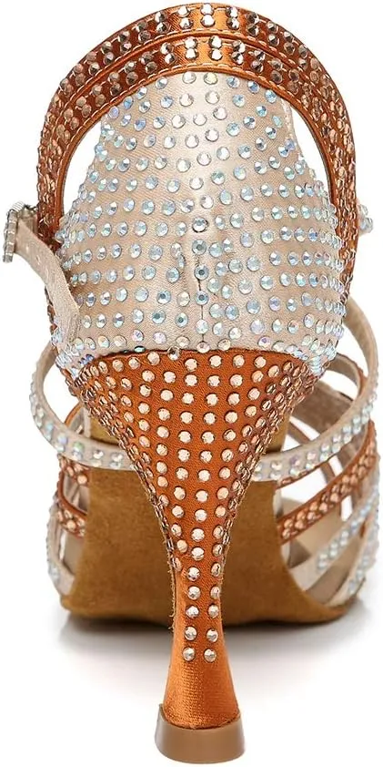 TINRYMX Women's Satin Heels Latin with Rhinestone Dance Shoes Peep Toe Salsa Bachata Chacha Performance Ballroom Dancing Heels, YCL450