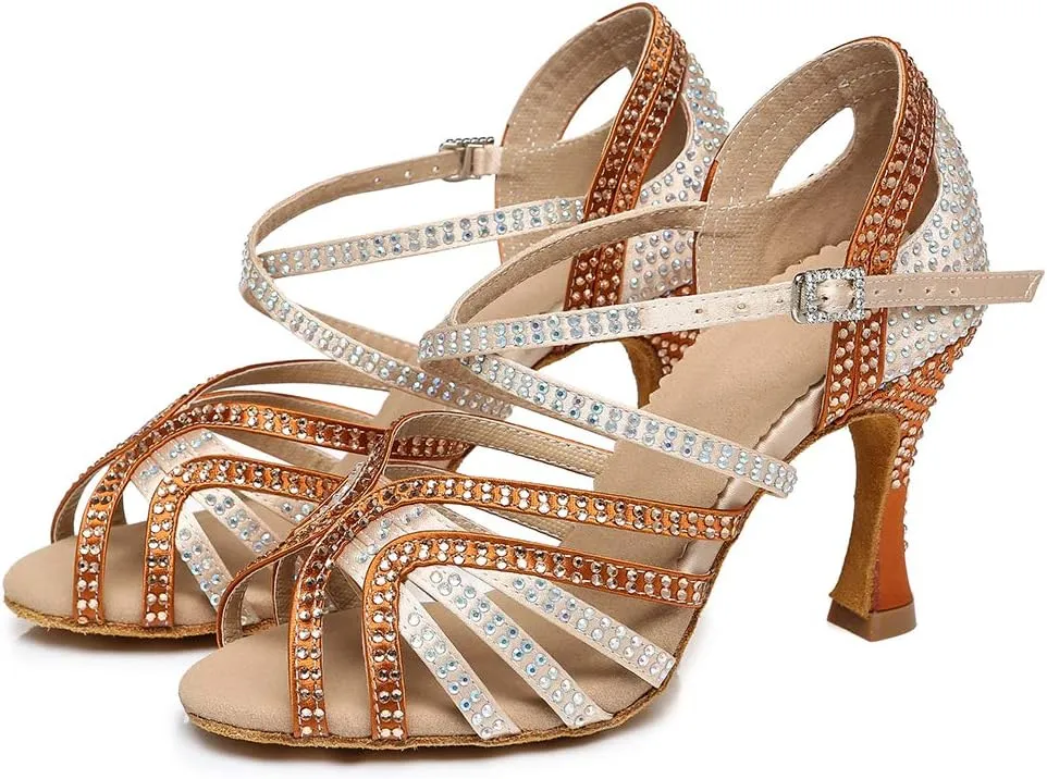 TINRYMX Women's Satin Heels Latin with Rhinestone Dance Shoes Peep Toe Salsa Bachata Chacha Performance Ballroom Dancing Heels, YCL450