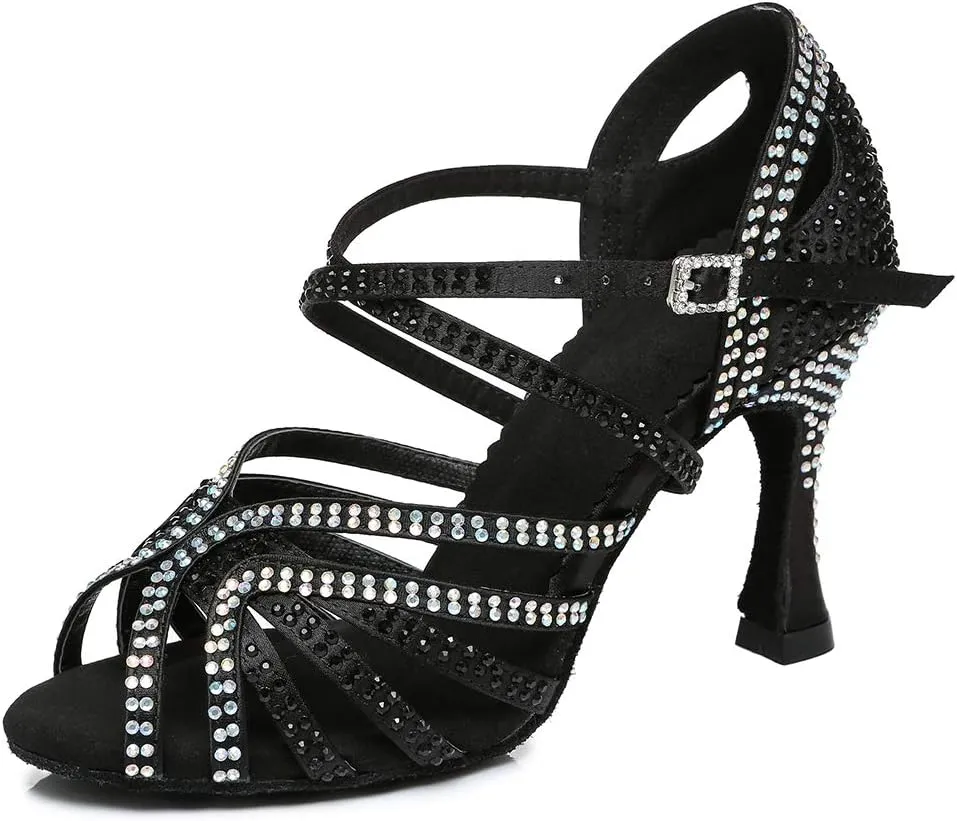 TINRYMX Women's Satin Heels Latin with Rhinestone Dance Shoes Peep Toe Salsa Bachata Chacha Performance Ballroom Dancing Heels, YCL450