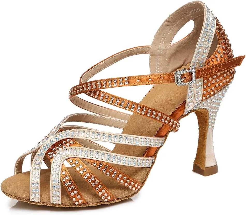 TINRYMX Women's Satin Heels Latin with Rhinestone Dance Shoes Peep Toe Salsa Bachata Chacha Performance Ballroom Dancing Heels, YCL450