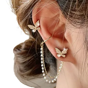 Tirdkid Gold Ear Cuff Earrings for Women Non Pierced Adjustable, 18K Gold Butterfly Tassel Style Zircon Earrings