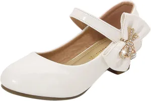 Toddler Girls Heels Dress Shoes Mary Jane hinestones Bows Pumps Low Heel Princess Wedding Pary for Flower Kids