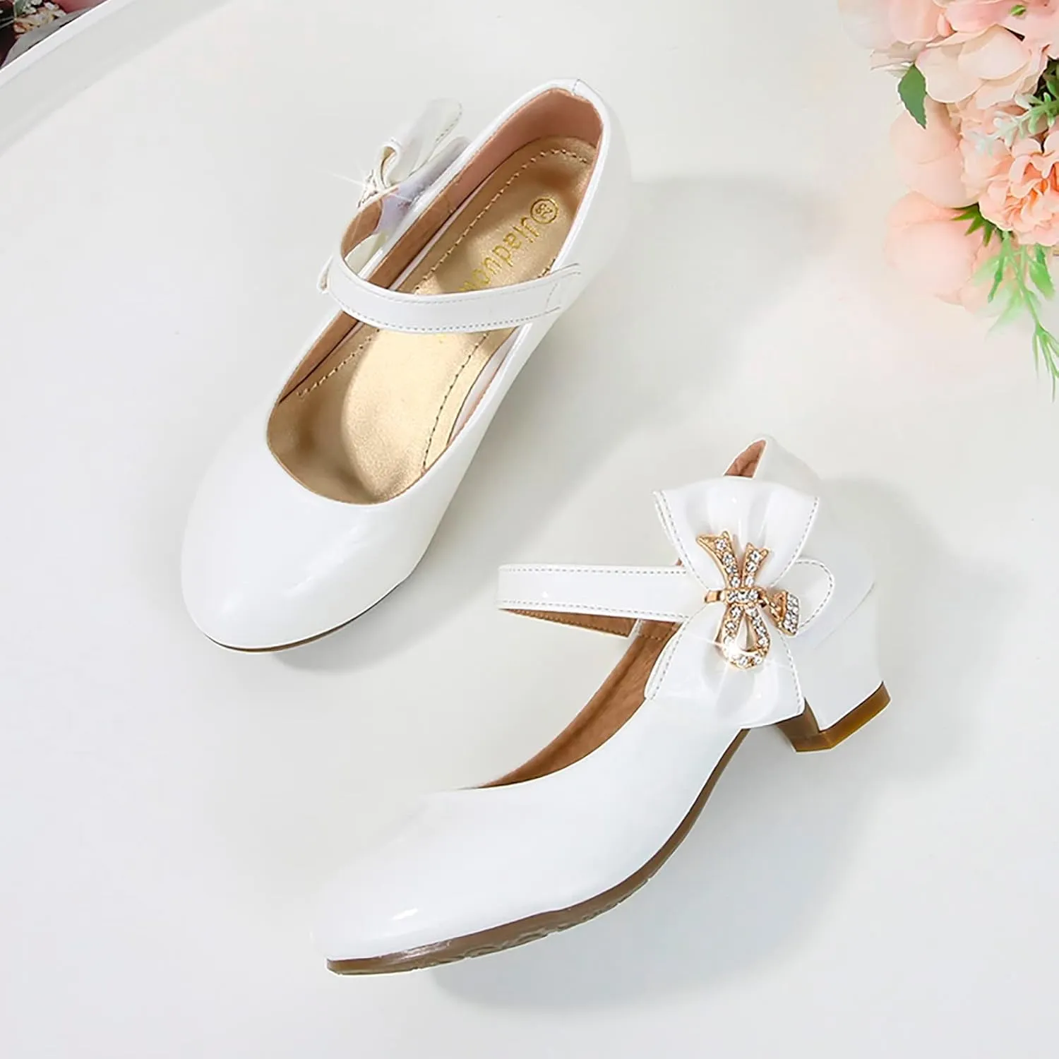 Toddler Girls Heels Dress Shoes Mary Jane hinestones Bows Pumps Low Heel Princess Wedding Pary for Flower Kids
