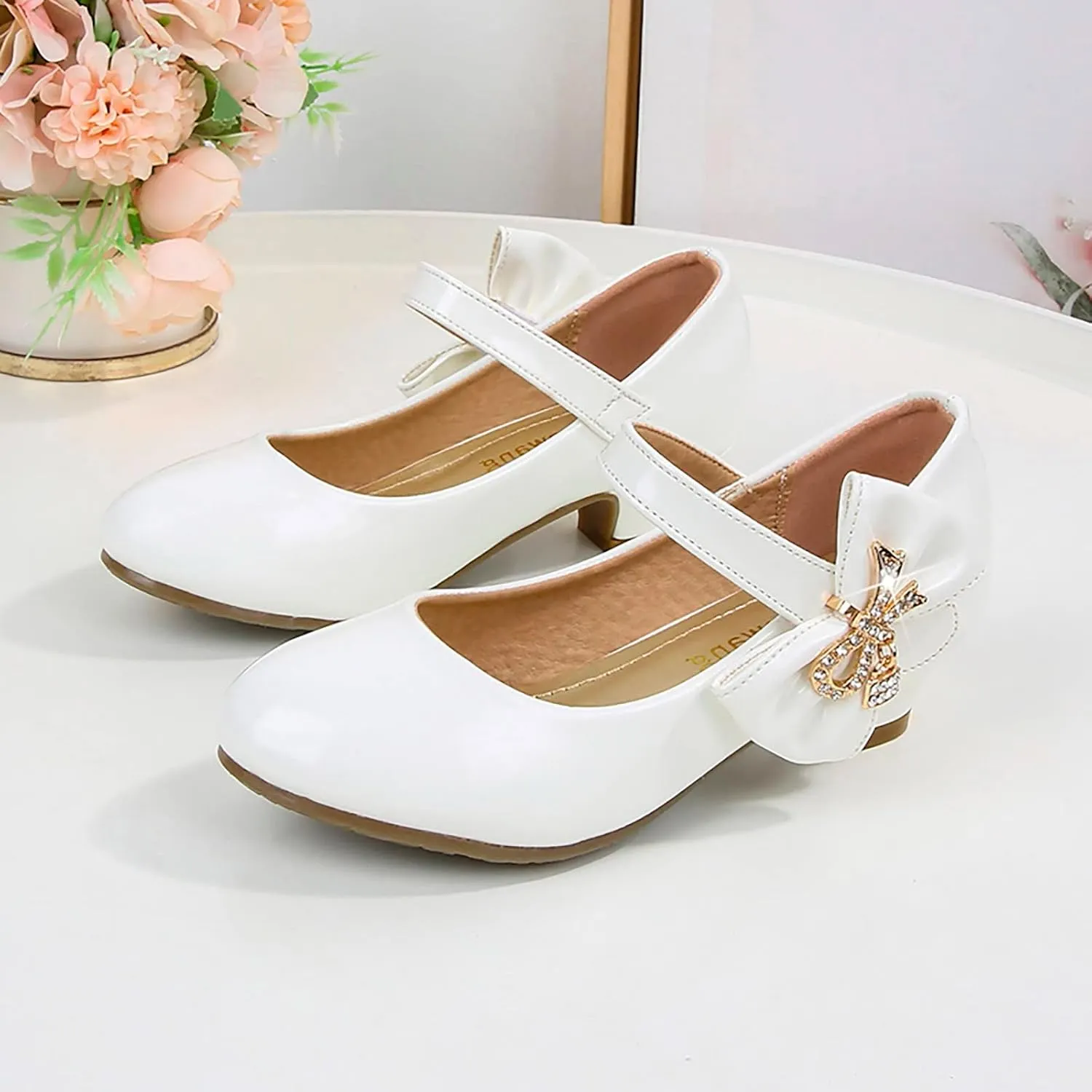 Toddler Girls Heels Dress Shoes Mary Jane hinestones Bows Pumps Low Heel Princess Wedding Pary for Flower Kids