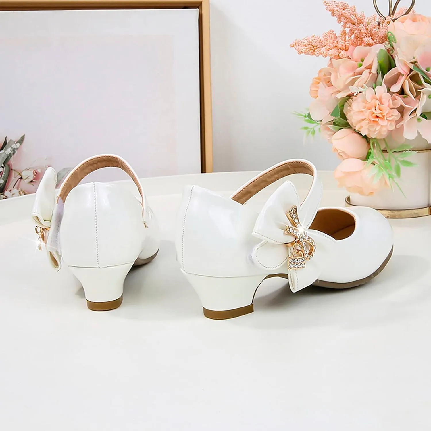 Toddler Girls Heels Dress Shoes Mary Jane hinestones Bows Pumps Low Heel Princess Wedding Pary for Flower Kids