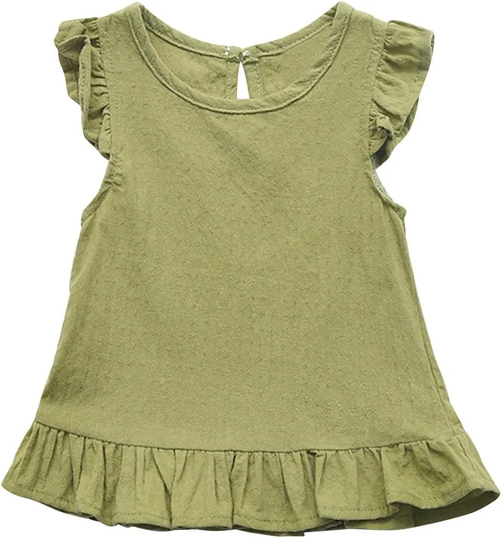 Toddler Girls Ruffle Tank Tops Summer Casual Linen Shirts Cute Cap Sleeve Blouse Tops for Baby Girl