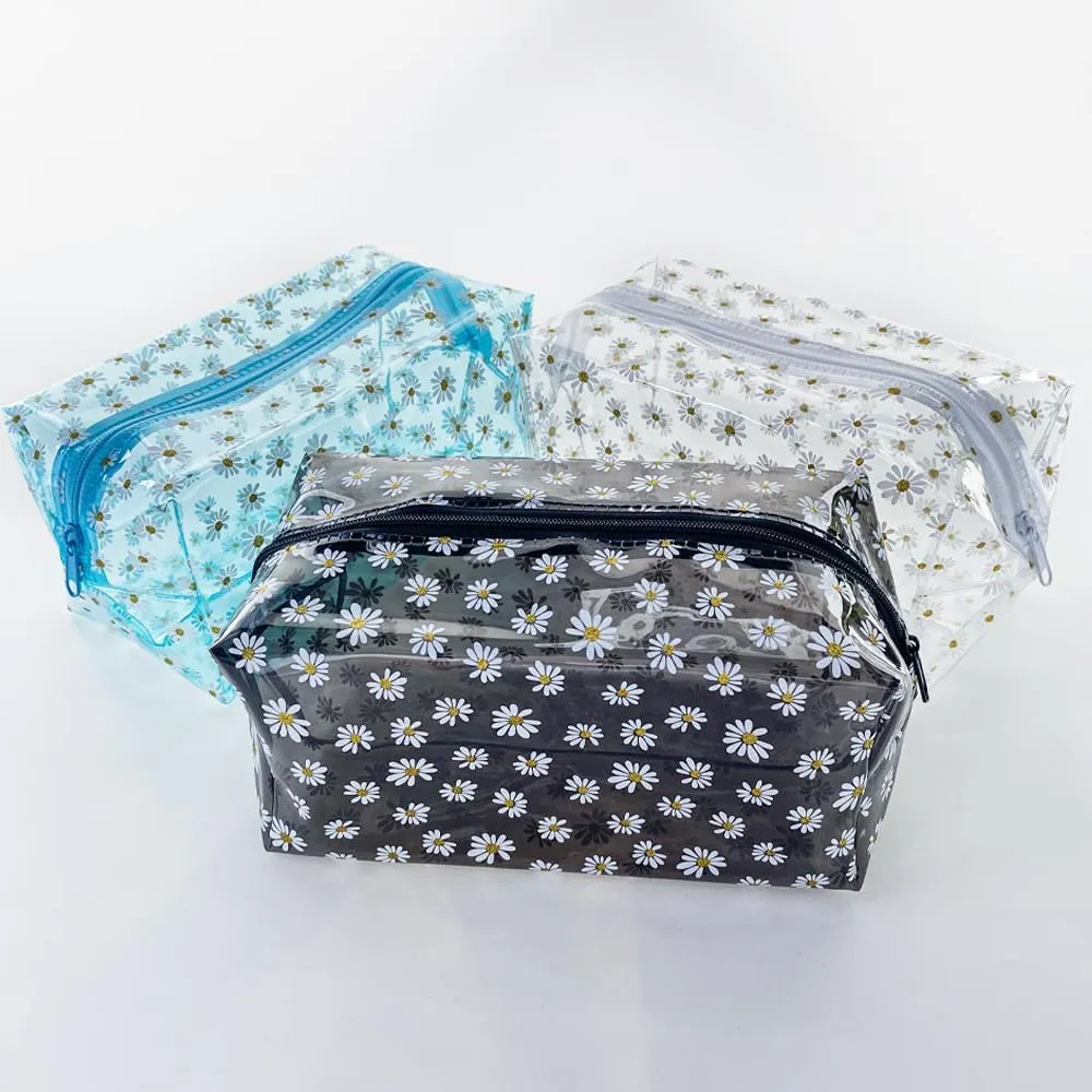 TotePrint 1PCS Sky Blue Daisy Makeup Bag Clear Pouch for Travel,Clear Solid Makeup Bags with Zipper for Purse,Cosmetic Brush Bag (Sky Blue)