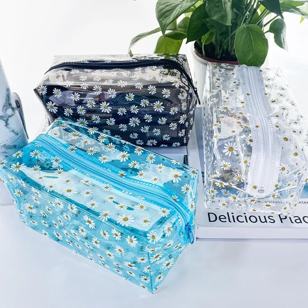 TotePrint 1PCS Sky Blue Daisy Makeup Bag Clear Pouch for Travel,Clear Solid Makeup Bags with Zipper for Purse,Cosmetic Brush Bag (Sky Blue)