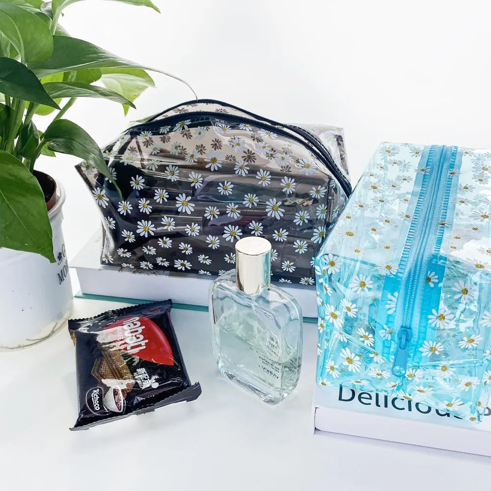 TotePrint 1PCS Sky Blue Daisy Makeup Bag Clear Pouch for Travel,Clear Solid Makeup Bags with Zipper for Purse,Cosmetic Brush Bag (Sky Blue)
