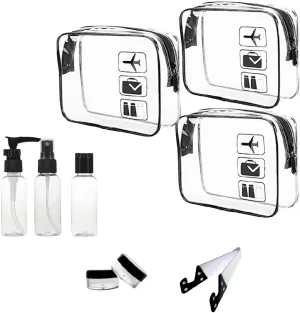 Travel Luggage Airline Bag Cosmetic Makeup Bags for Men Women - Black 9 pcs Include Waterproof Toiletry Zipper Bags with Travel Containers Refillable Accessories and Phone Foldable Travel Stand