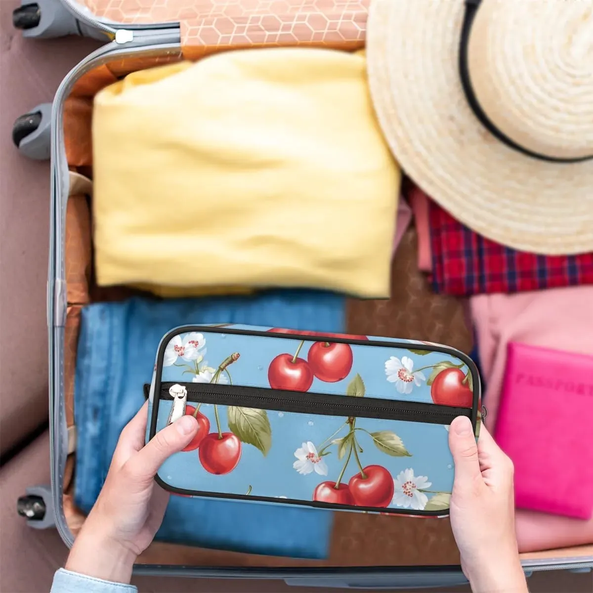 Travel Toiletry Bag for Women Men Cherry Floral Hanging Cosmetic Bag Waterproof Makeup Bag for Shaving Makeup Toothbrush & Travel Essentials
