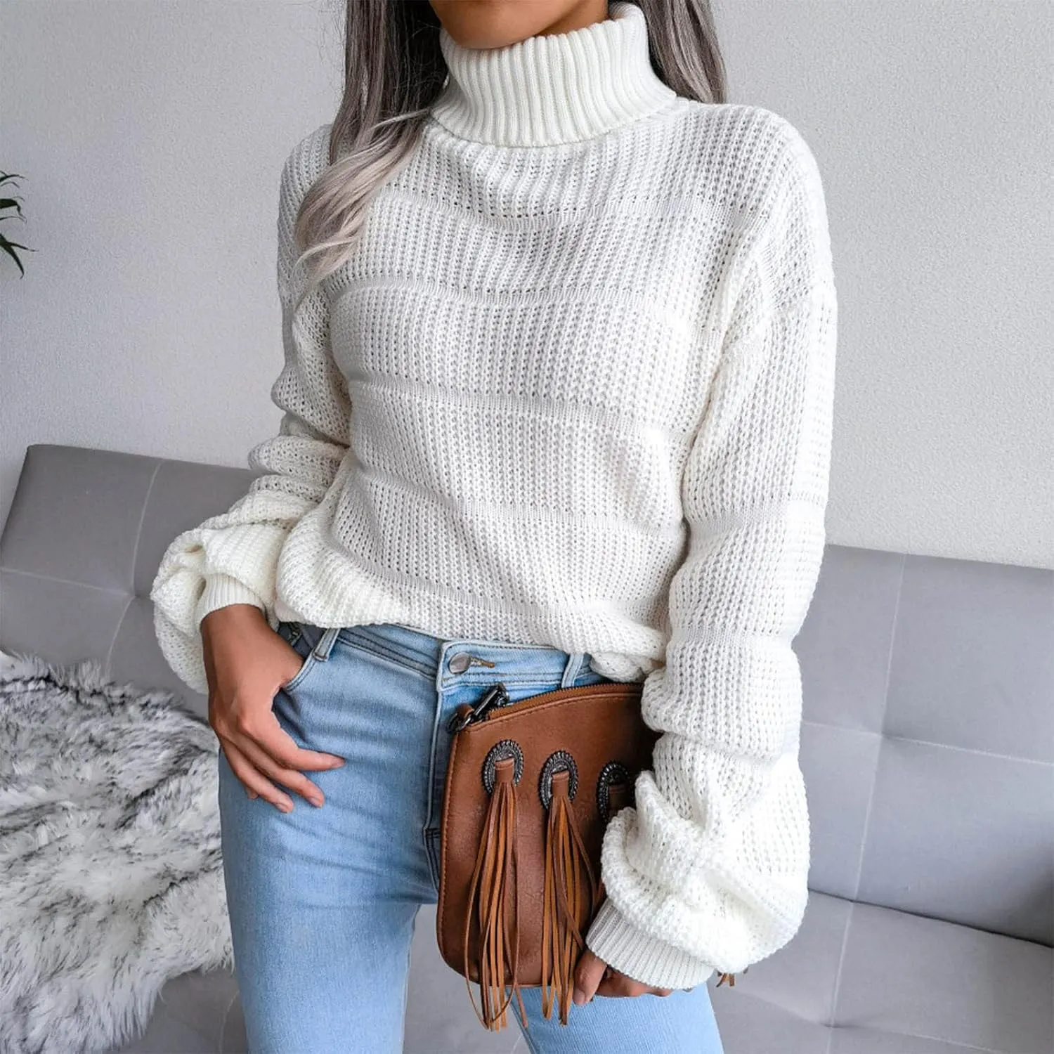 tuduoms Women's Turtleneck Oversized Sweaters Fashion Solid Color Comfy Loose Chunky Knitted Pullover Sweater Jumper Tops