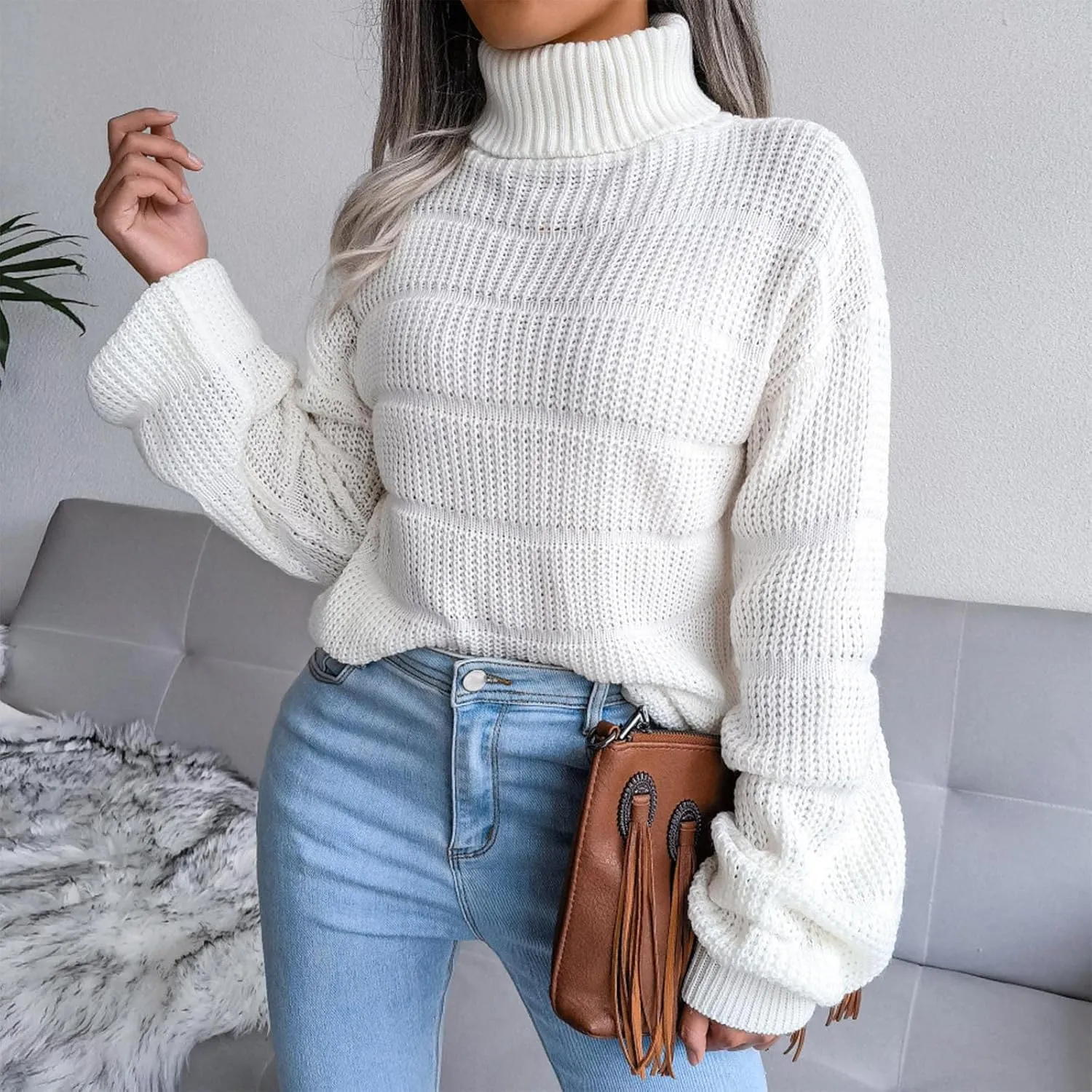 tuduoms Women's Turtleneck Oversized Sweaters Fashion Solid Color Comfy Loose Chunky Knitted Pullover Sweater Jumper Tops