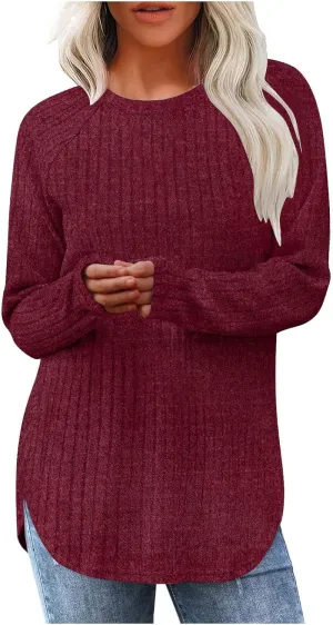 Tunic Sweaters for Women Long Sleeve Loose Fit Shirts Crewneck Pullover Tops Dressy Ribbed Curved Hem Sweaters