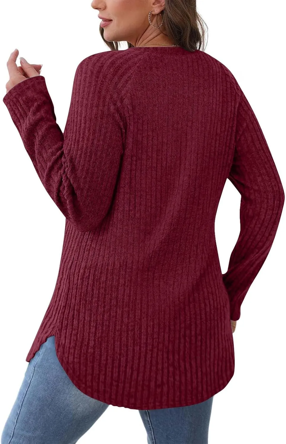Tunic Sweaters for Women Long Sleeve Loose Fit Shirts Crewneck Pullover Tops Dressy Ribbed Curved Hem Sweaters