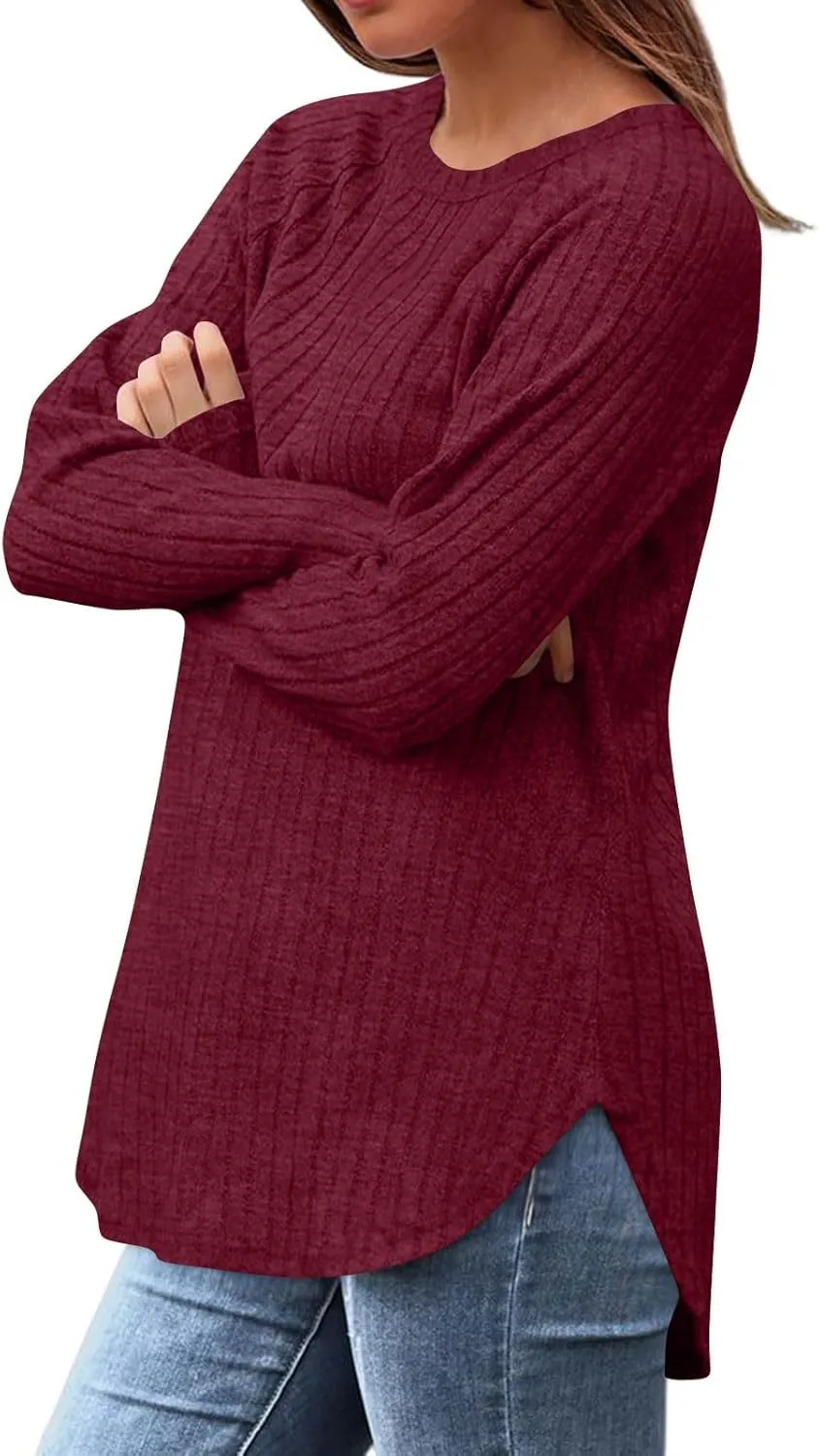 Tunic Sweaters for Women Long Sleeve Loose Fit Shirts Crewneck Pullover Tops Dressy Ribbed Curved Hem Sweaters