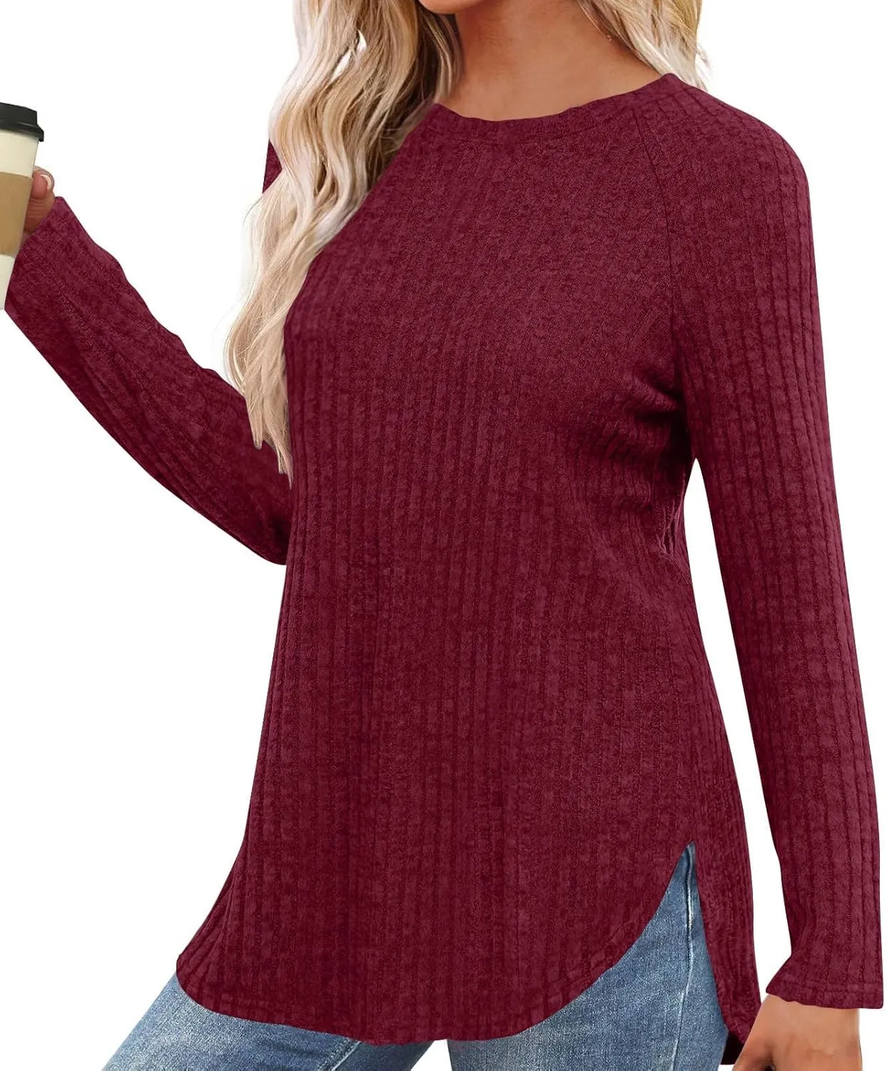 Tunic Sweaters for Women Long Sleeve Loose Fit Shirts Crewneck Pullover Tops Dressy Ribbed Curved Hem Sweaters