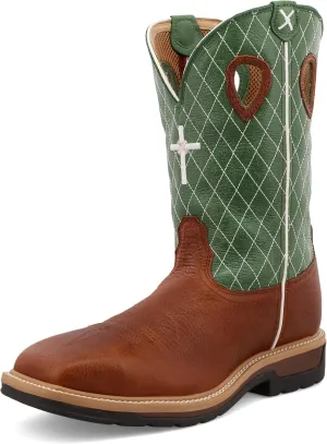 Twisted X Men's 12" Western Work Boot, Square Toe Steel Toe, Cognac Glazed Pebble & Lime, 13 B