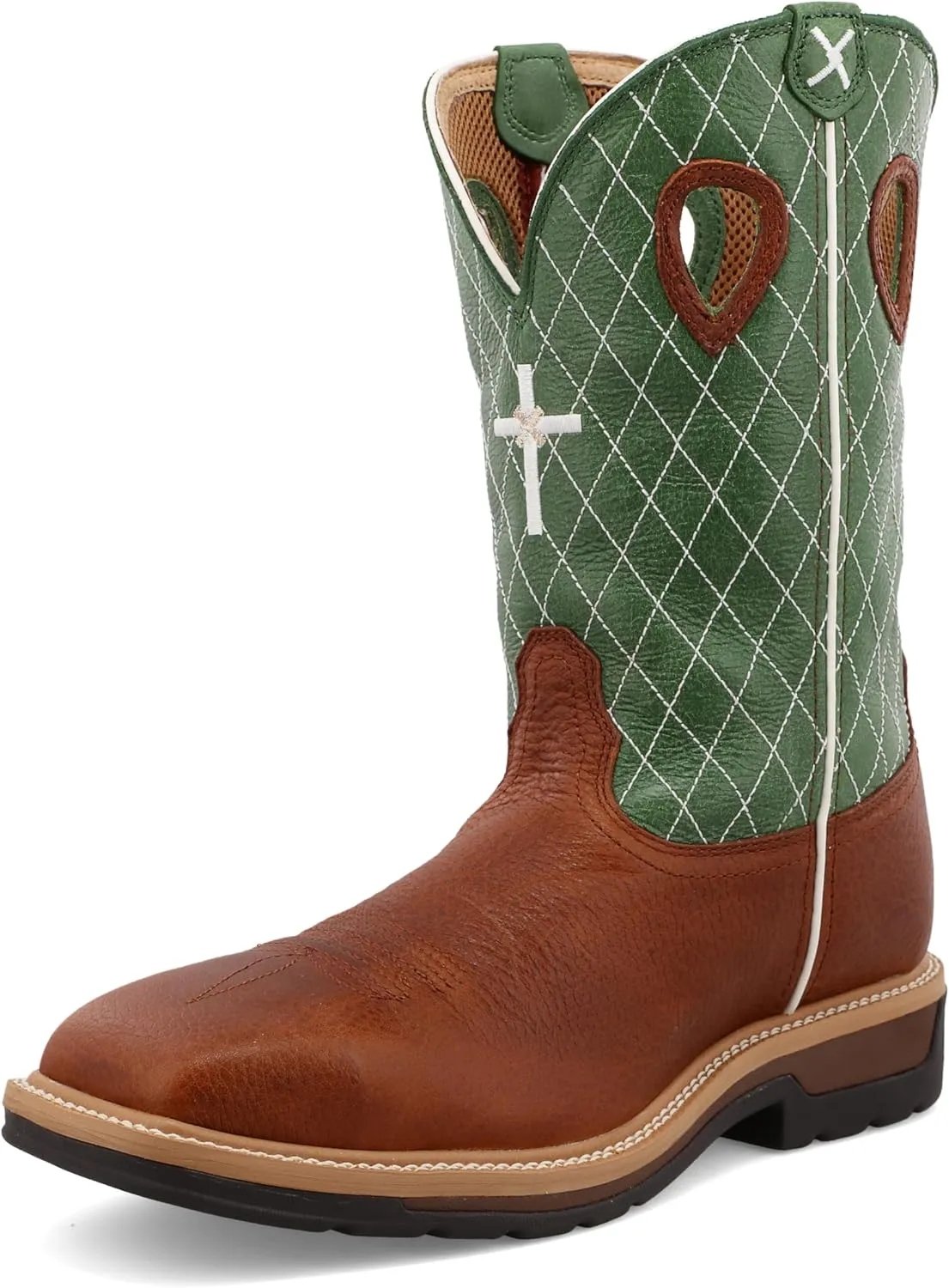 Twisted X Men's 12" Western Work Boot, Square Toe Steel Toe, Cognac Glazed Pebble & Lime, 13 B