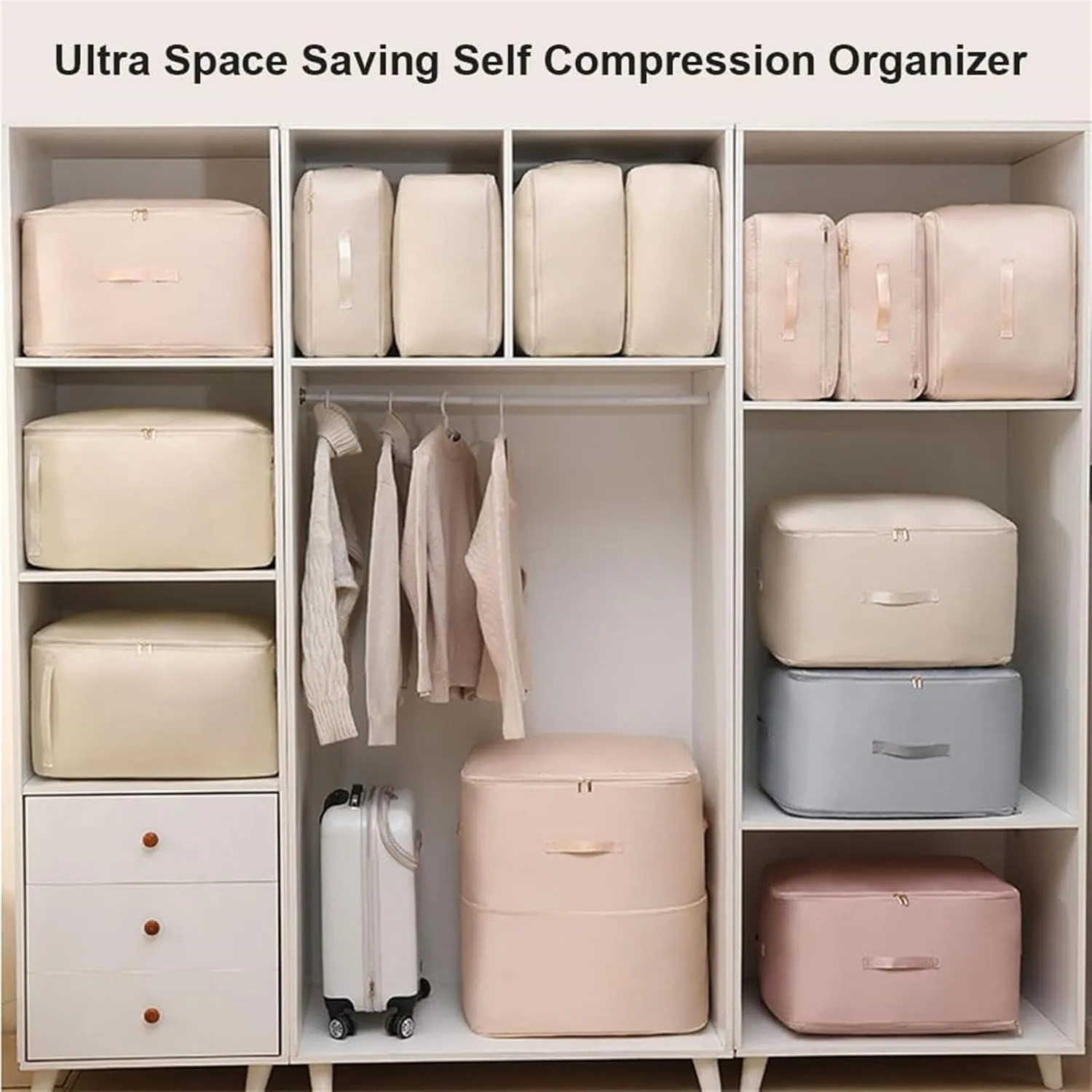 Ultra Space Saving Self Compression Organizer, Accompanyk Organizer, Heavy Duty Moving Bags, Otherwisie Space Saver Garment Bags (beige, X-Large)