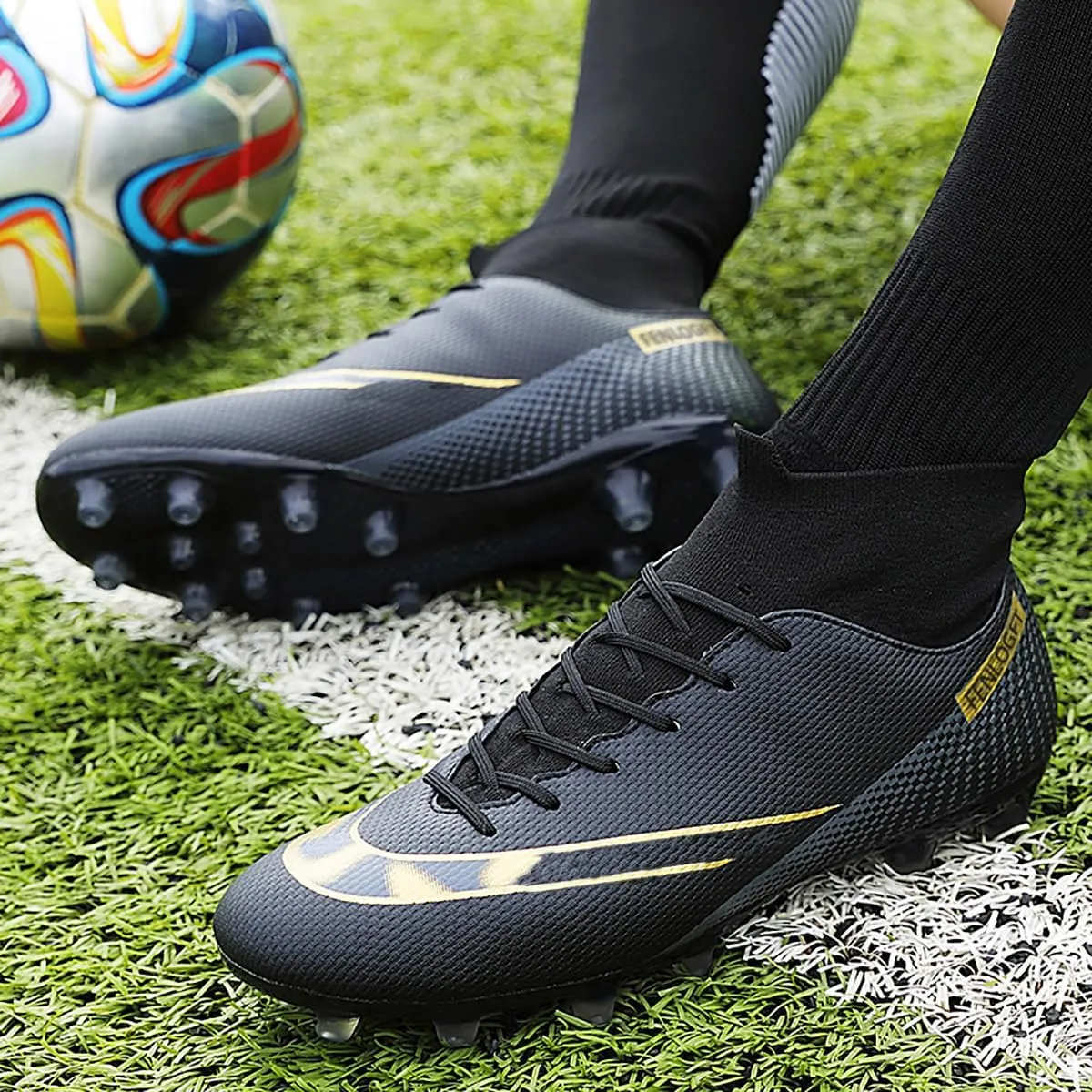 Unisex Sizes Leather Soccer Cleats with Lace-Up for Training Firm Ground & Turf - Men, Women, Boys & Girls American Football Shoes Boot