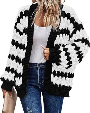 utcoco Womens Chunky Knit Cardigan Sweaters Color Block Casual Loose Open Front Sweaters Coat