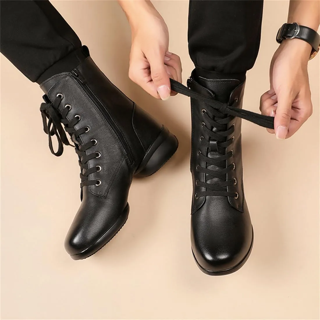 VEACAM Men's Dancing Boots, Leather Ballroom Dance Character Shoes for Male High Top Modern Salsa Latin Tango Shoes