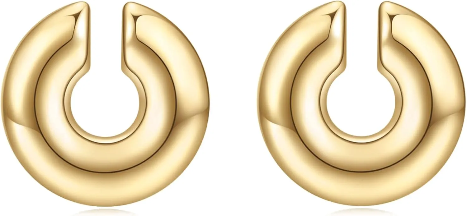 VQYSKO 2 PCS Ear Cuffs Earrings For Women | Non Piercing 14K Real Gold Cuff Clip On Cartilage Hoop Earring | Hollow Lightweight Earrings Trendy Thick Gold Jewelry